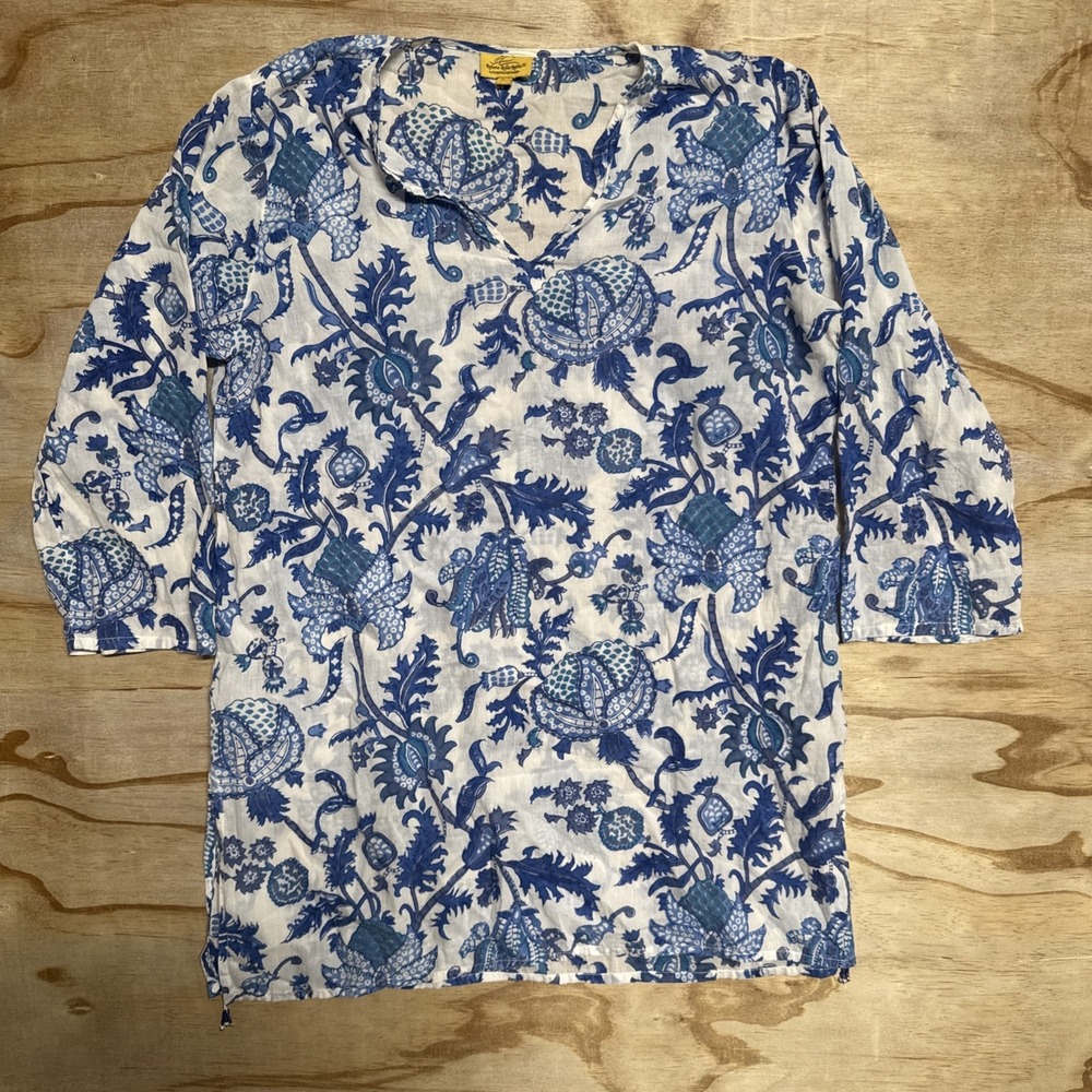 Roller Rabbit Blue White Floral Tunic Top size large boho Beachy